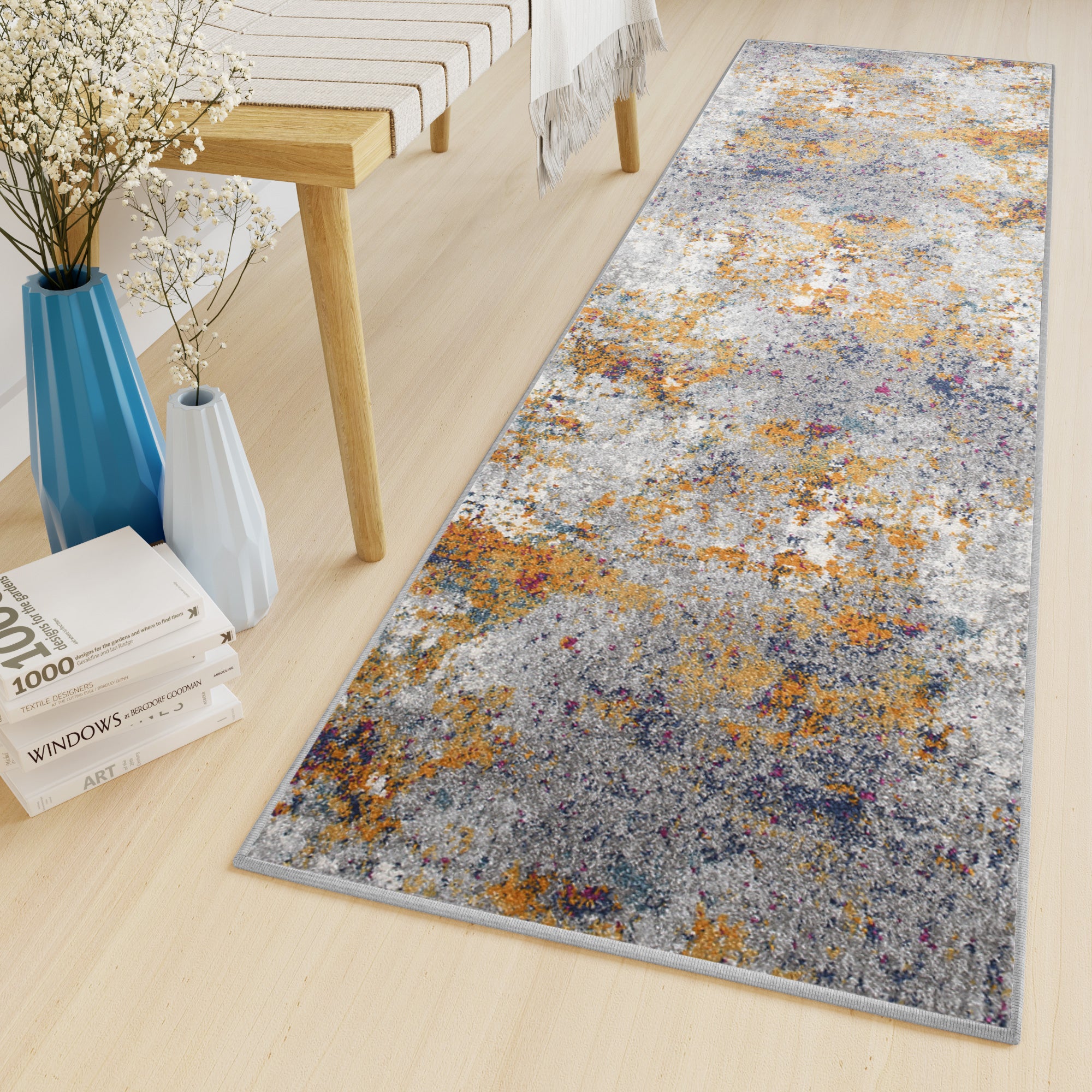 Tapiso lazur alfombra de pasillo corredor moderna gris azul oscuro crema naranja abstracta 100 x 420 cm
