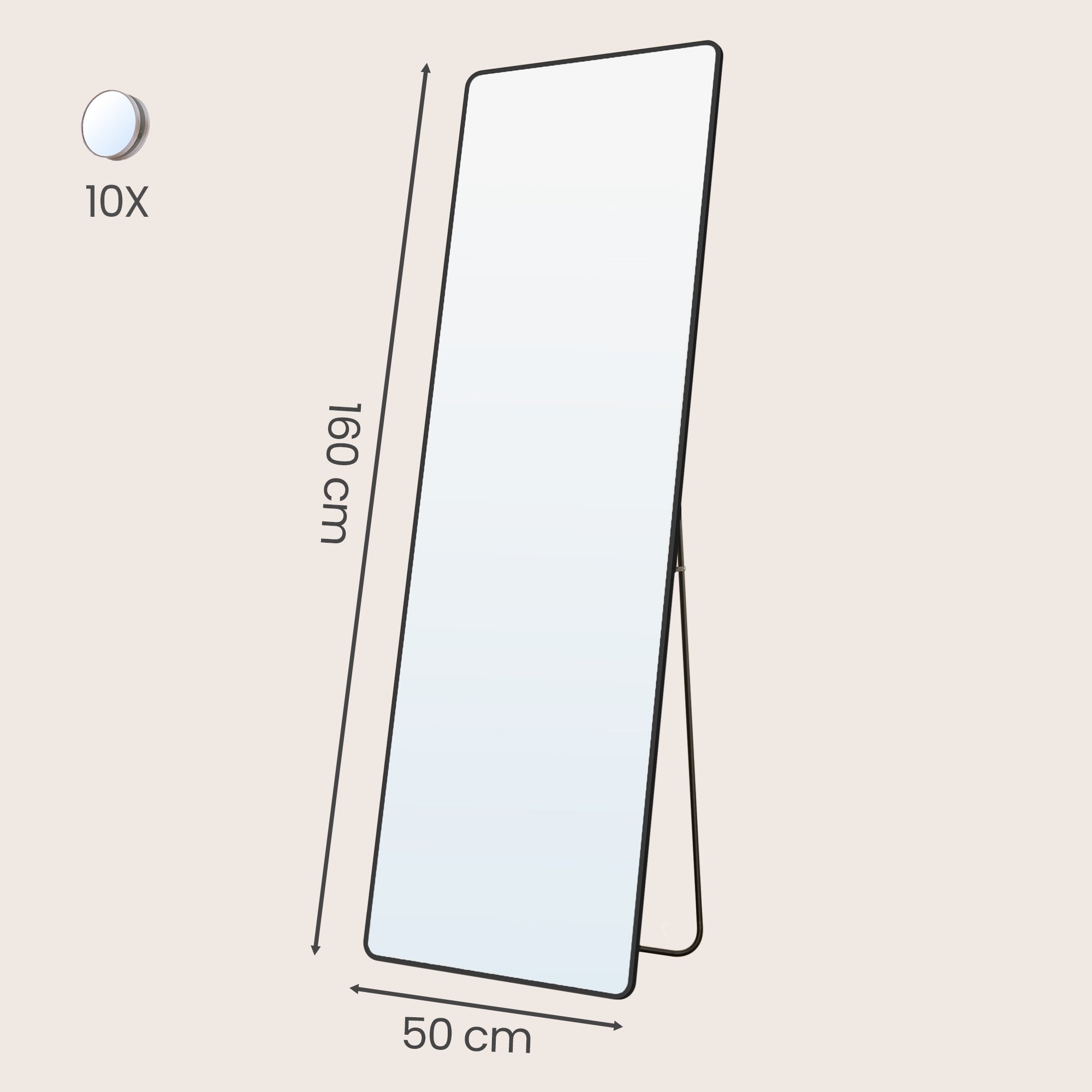 Grand Miroir sur Pied, avec Miroir Grossissant, Verre Trempé, Rectangulaire, Coins Arrondis, 160 x 50 cm, Noir - 5
