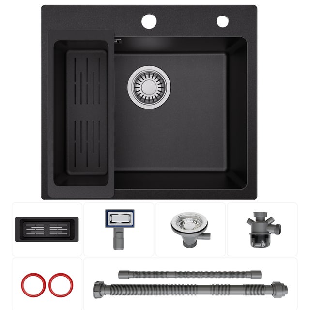 Cecipa max Evier de Cuisine Quartz Noir 50x45cm Evier 1 Bac en Granit, Evier à Encastrer 1 Vasque avec Panier de Vidange