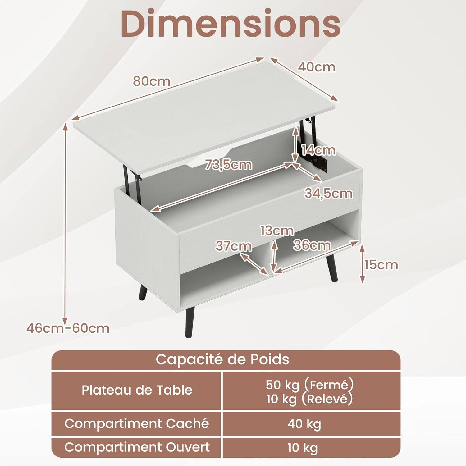 Tavolino Salotto Sollevabile in Legno, Tavolino da Caffè con Scomparto Nascosto e 2 Scaffali Aperti, Tavolino Basso e Modern per Soggiorno, Sa - 2