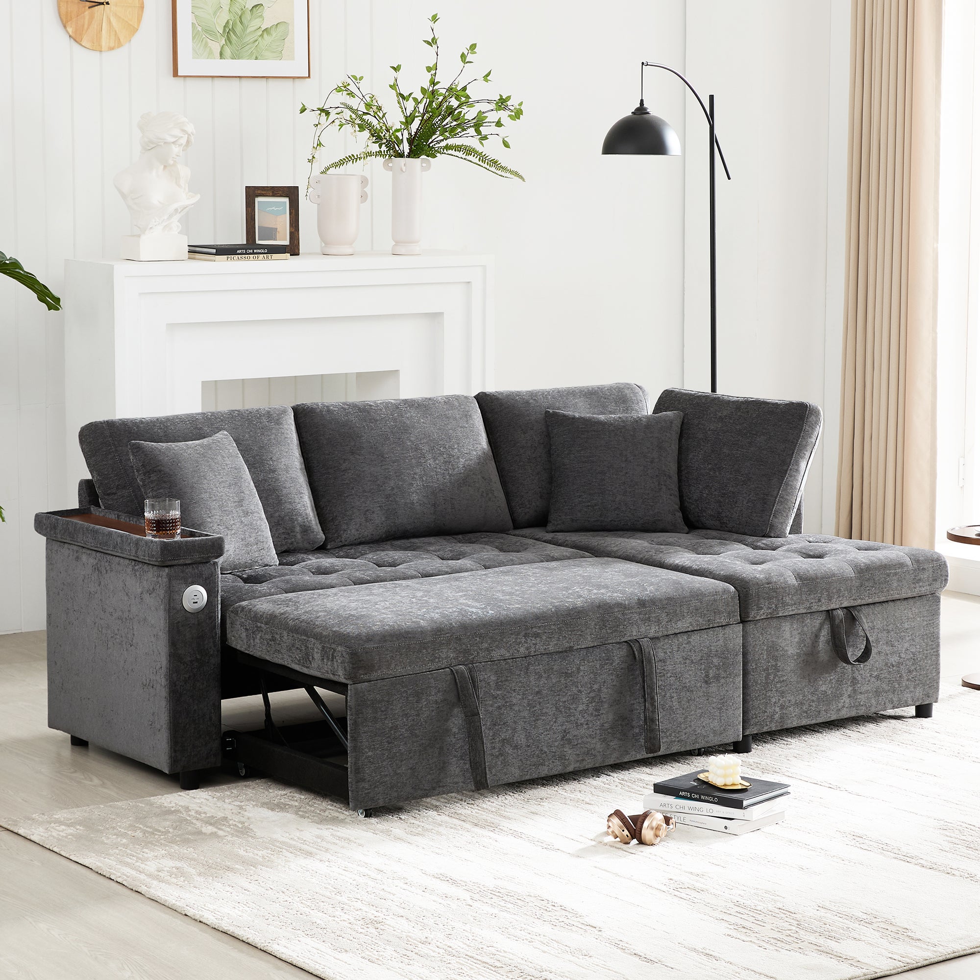 Sofa w kształcie litery L z wysuwanym łóżkiem - ze schowkiem - ładowanie USB - 2 poduszki - szara - 3