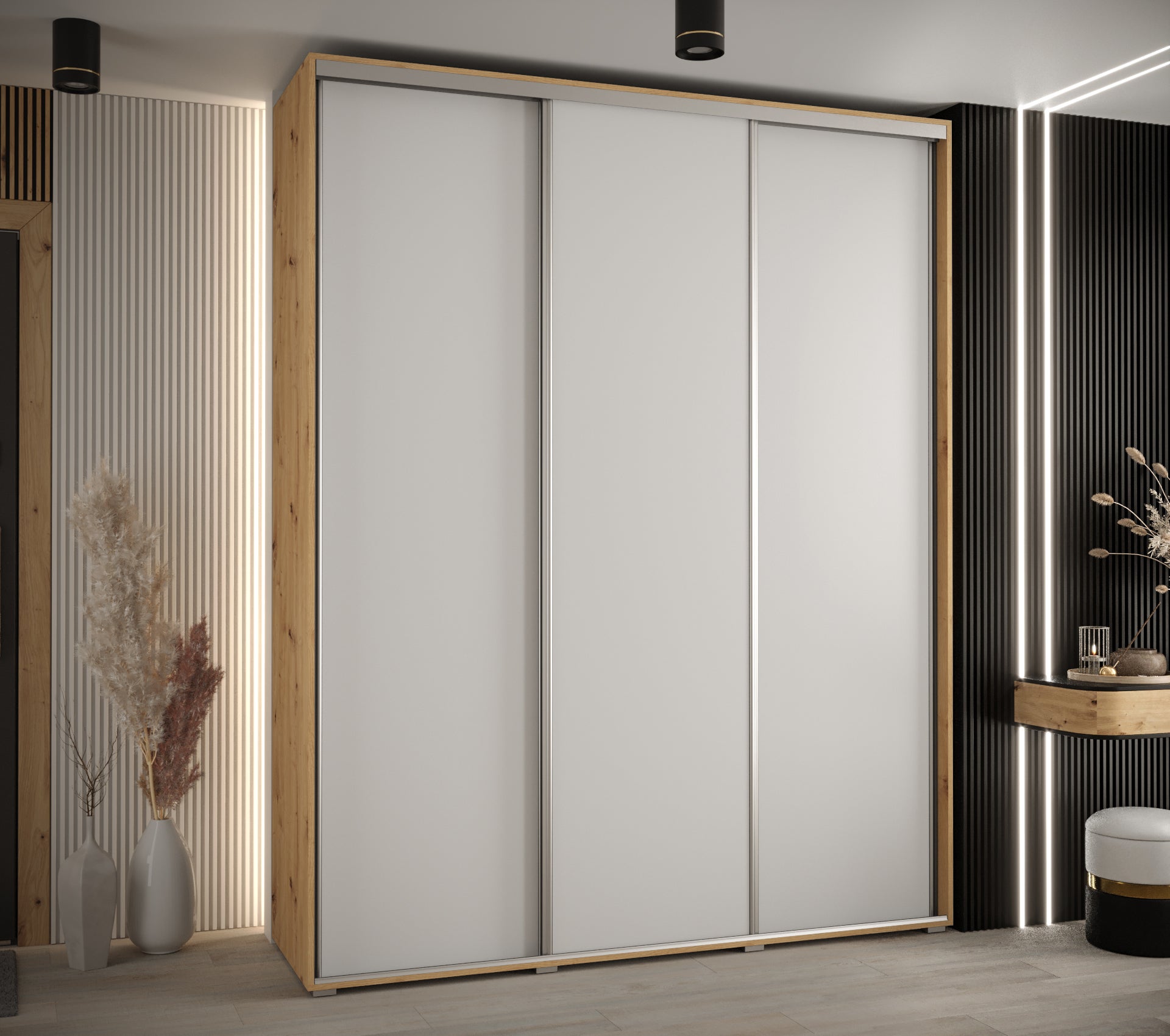 Szafa przesuwna wysoka Davos 1 200 x 60 x 235,2 cm artisan + biały + u. srebrny - Abiks Meble - 2