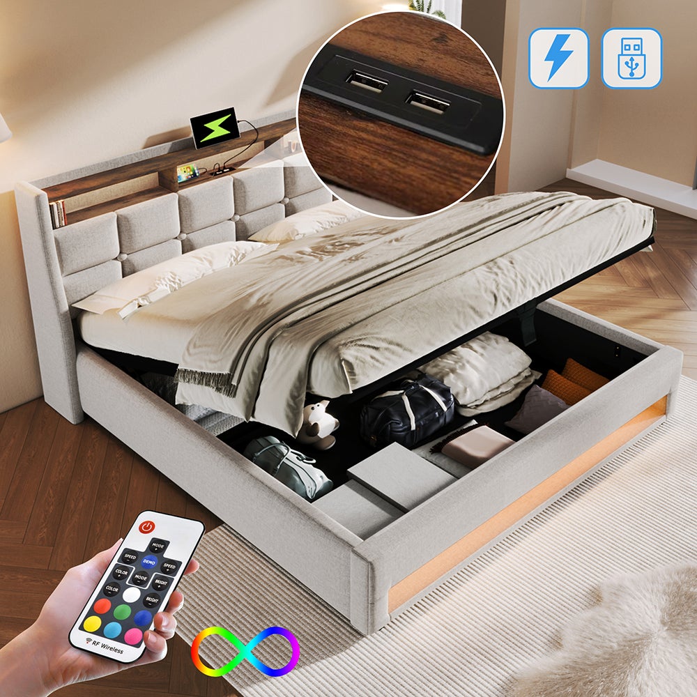 Lit coffre 160x200 cm Lit rembourré avec USB Lit simple LED avec sommier à lattes métalliques pour adolescents Sans matelas Beige - 4