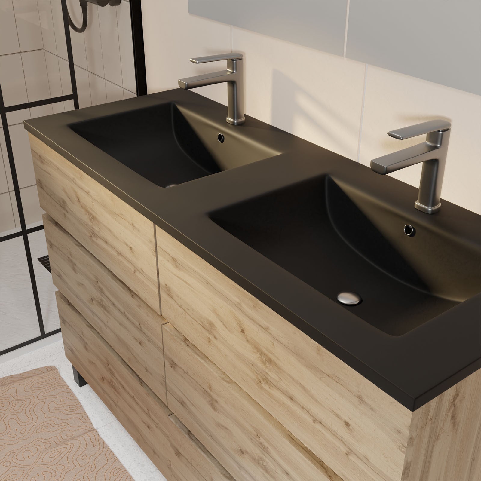 Meuble de salle de bains 120 cm 6 Tiroirs Chêne Naturel + Vasque Double Céramique Noire - TIMBER - 7