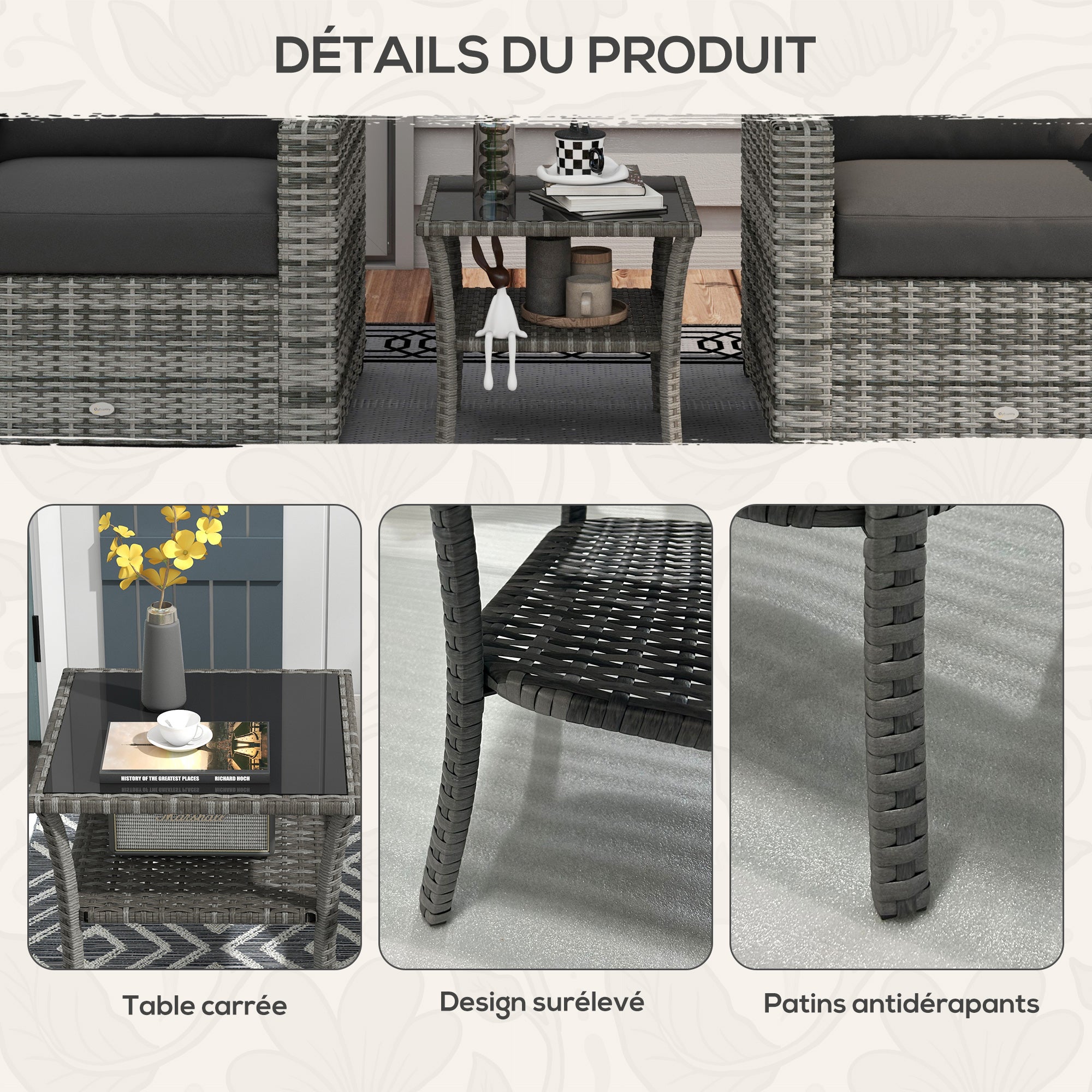 Table basse de jardin carré en Résine tressée Gris 4 places - 7