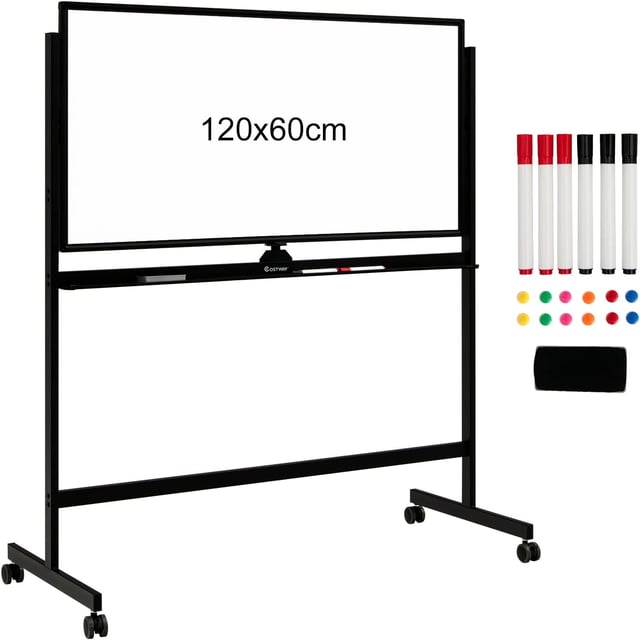 Lavagna Bianca Magnetica Doppia, Design Regolabile in Altezza con Ruote Bloccabili, 6 Pennarelli, 12 Calamite e 1 Cancellino, Ideale per Casa