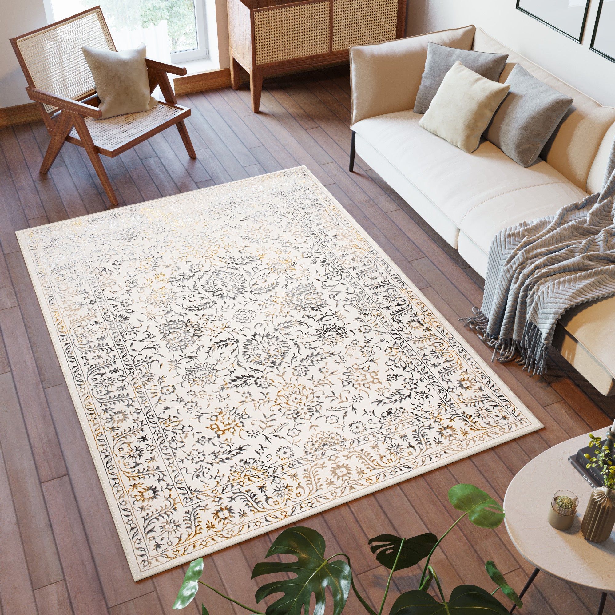 TAPISO Golden Tapis de Salon Moderne Vintage Crème Or Gris Beige Motif Ornamental Floral Bordure Doux Poil Court 160 x 230 cm - 6