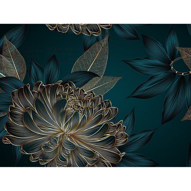 Poster floral motif : Pivoine dorée sur fond bleu nuit - 360 x 270 cm