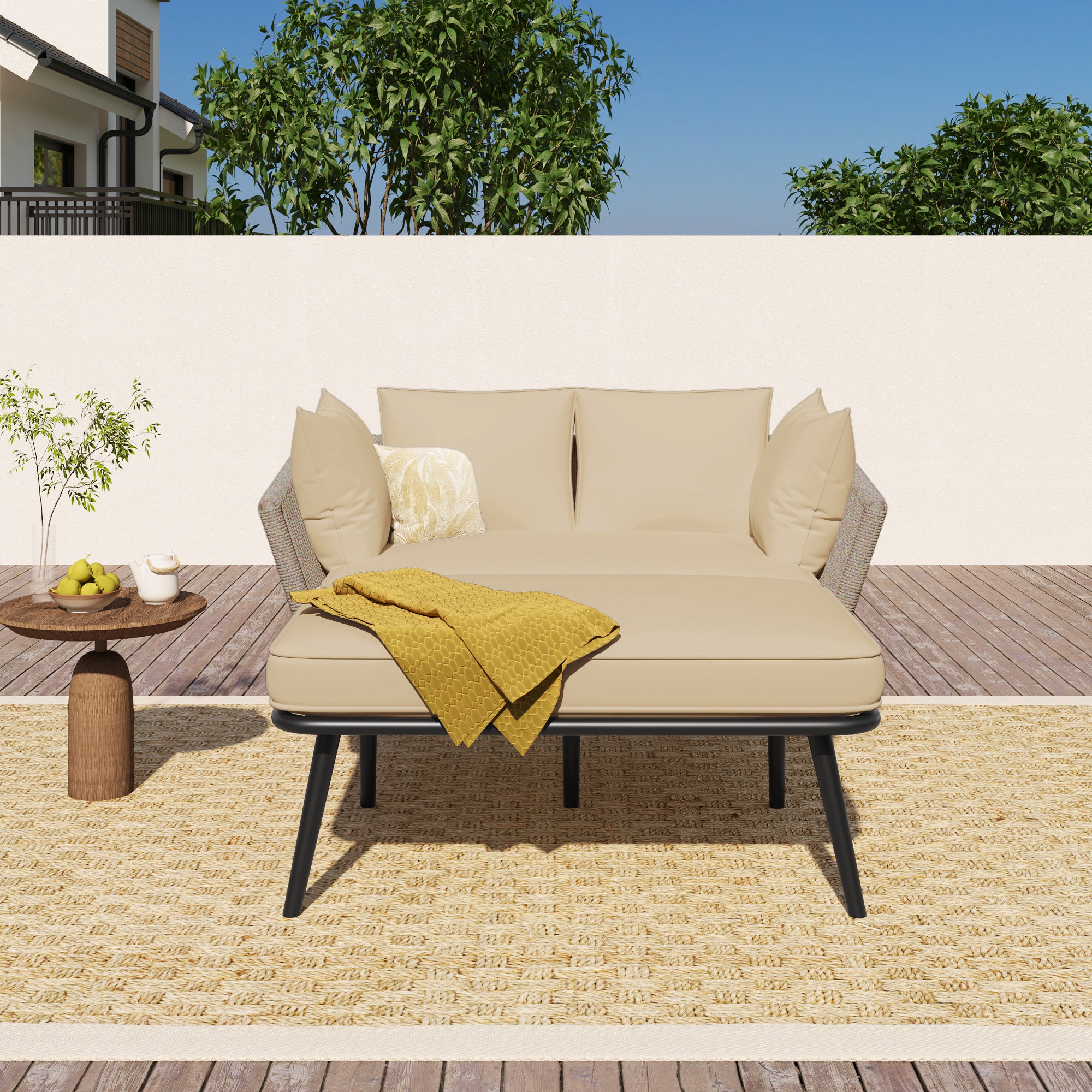 Espreguiçadeira de jardim com 2 almofadas removíveis e laváveis - Revestimento kaki areia e estrutura resistente ao tempo - 2