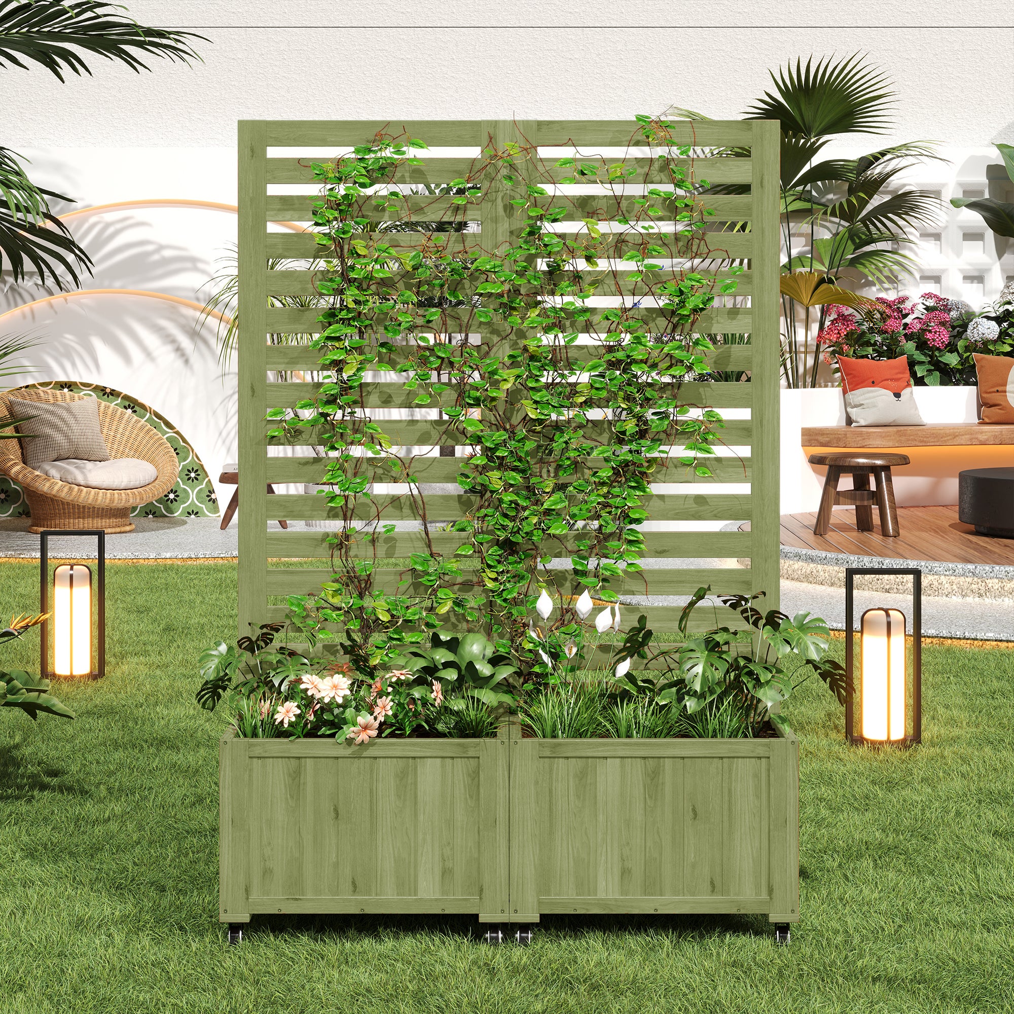 Zestaw 2 składanych donic z kratką i kółkami z litego drewna, skrzynka na kwiaty – 102,5 x 32 x 152,5 cm – zielony