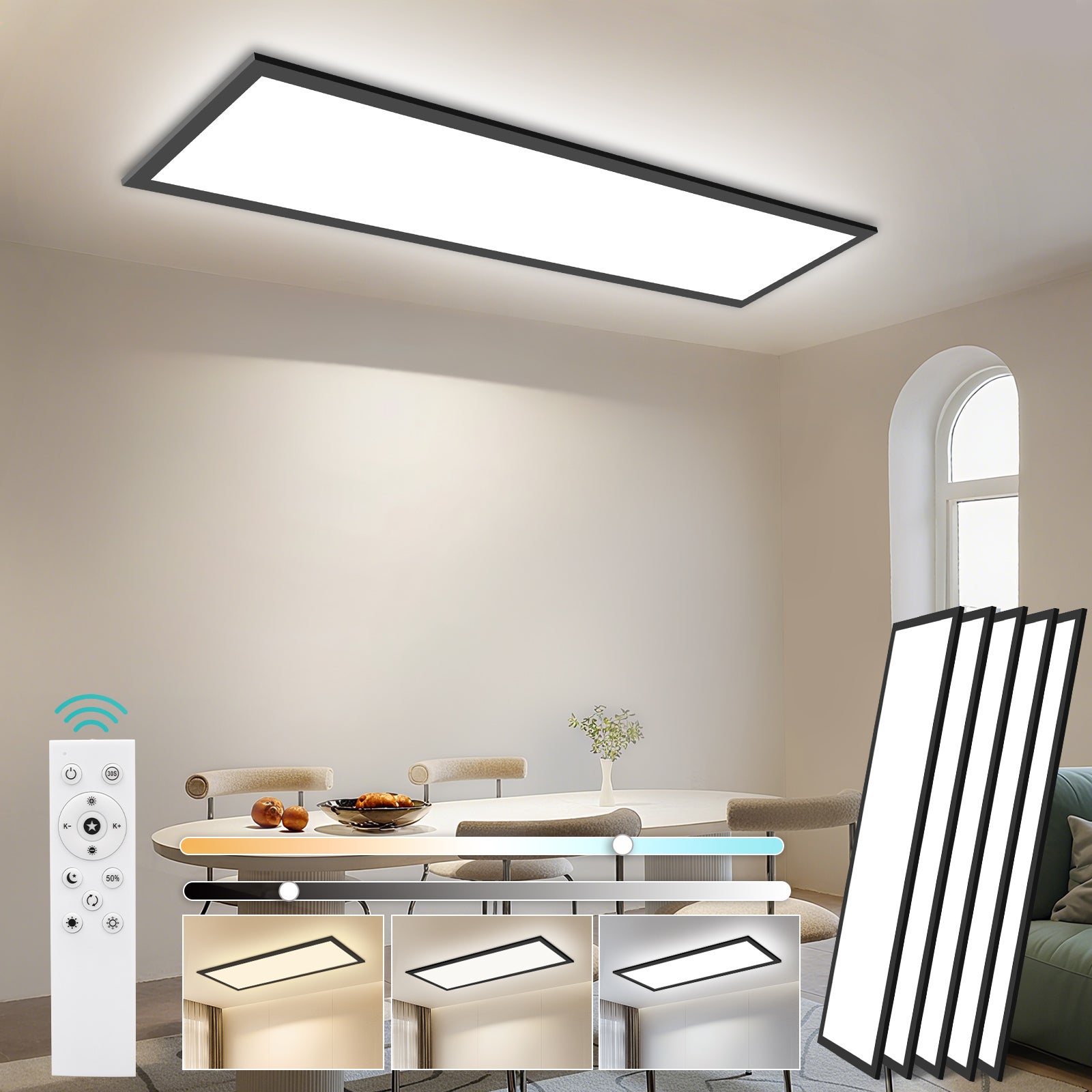 LOVHAUS 5PCS Lampa Sufitowa LED 36W Czarna, Panel LED Prostokątny 120x30 cm, Nowoczesna Lampa Sufitowa Ściemniająca z Pilotem do Biura Kuchni