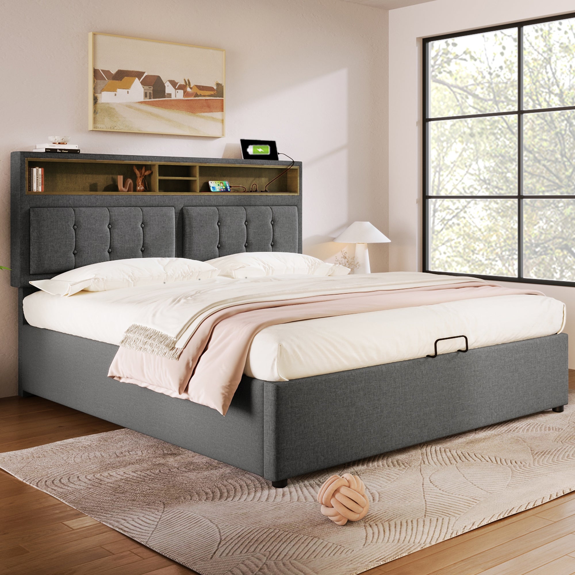 Cama contenedor 160 x 200 cm con cabecero contenedor - USB - tela de lino - gris - 3