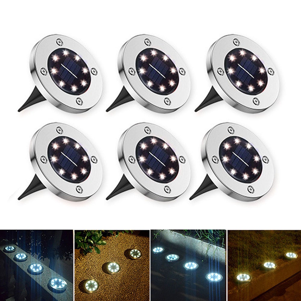 Zestaw 6 zewnętrznych reflektorów solarnych, wpuszczanych, wodoodpornych, IP65, do ogrodów, chodników, trawników, schodów i tarasów.