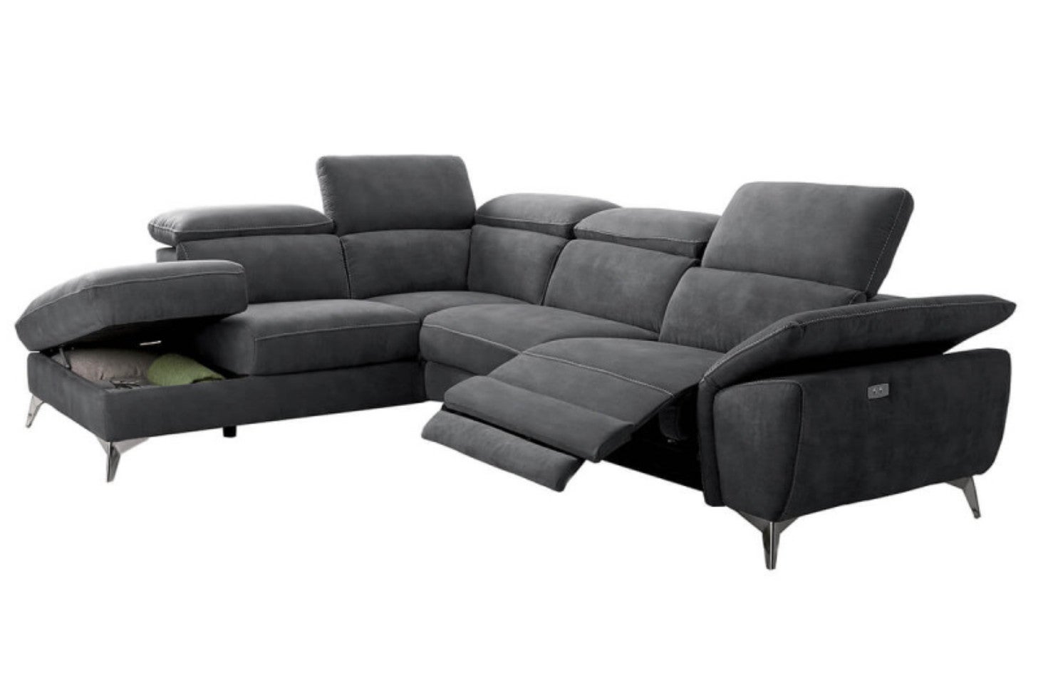 Canapé d'angle relax électrique en velours chiné gris DANIA -Angle gauche