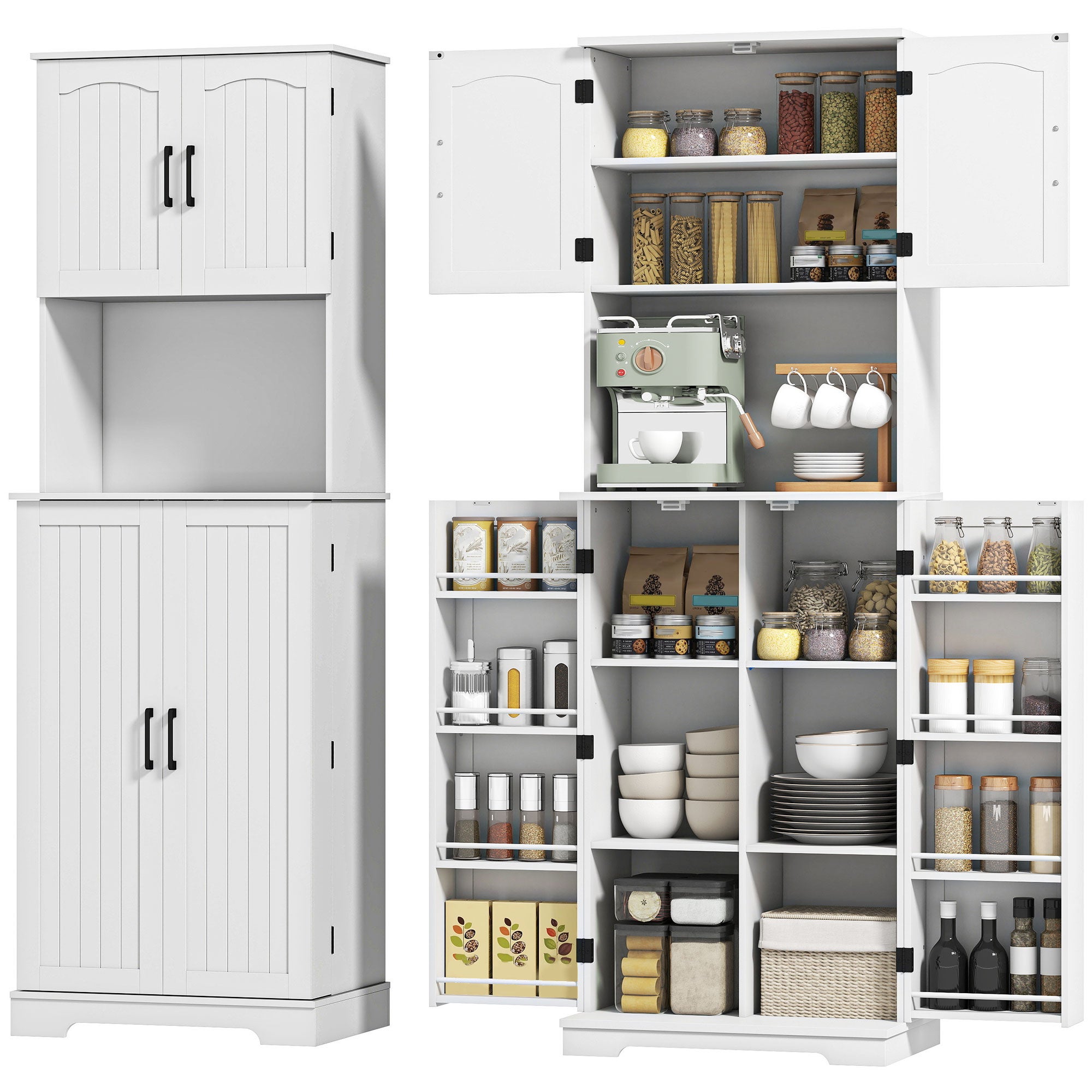 Muebles de cocina de 181,5 cm de alto con estantes regulables y soporte para microondas, aptos para comedor y salón, color blanco.