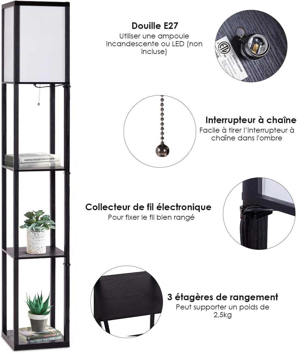 Lampadaire Interieur 1,6M avec Tablettes de Rangement a 3 Niveaux, Lampe sur Pied, Abat-jour en Tissu, Ampoule E27+60W(NON Inclue) (Noir) - 4