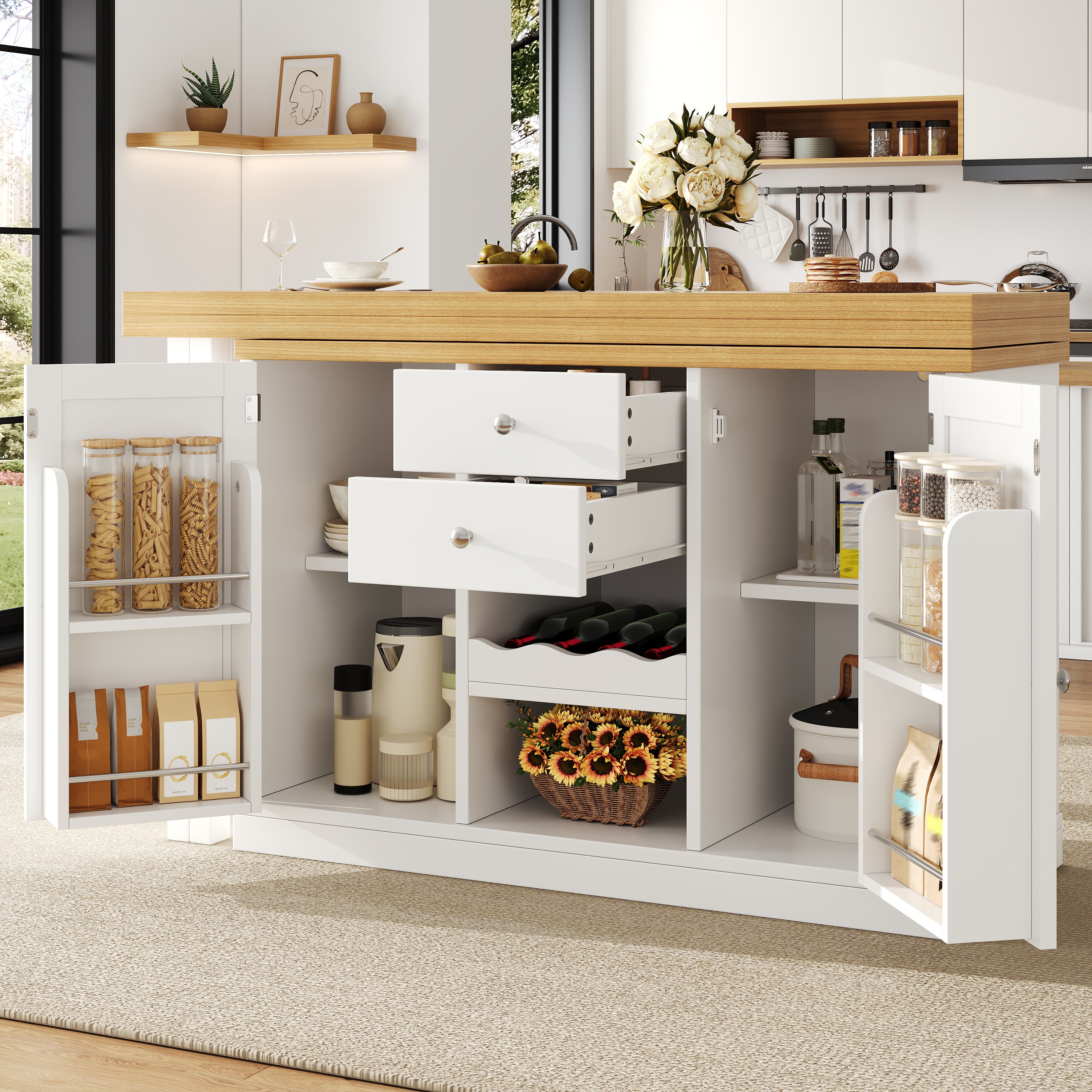 Îlot de cuisine extensible120-197*40*74 cm avec table pivotante 360°, casier à vin et étagères de rangement, portes magnétiques, blanc - 2
