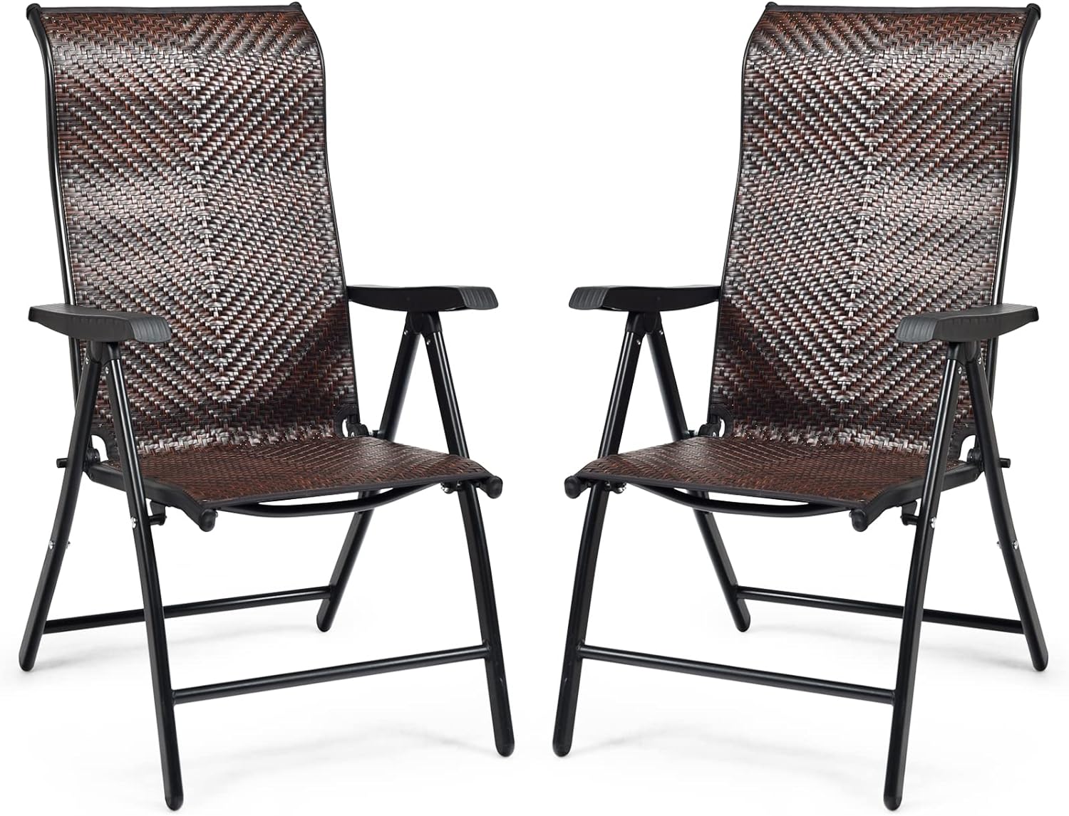 Zestaw 2 Składanych Krzeseł Ogrodowych z 5-Stopniową Regulacją Oparcia, Krzesło z PE Rattanowego z Ergonomicznymi Podłokietnikami