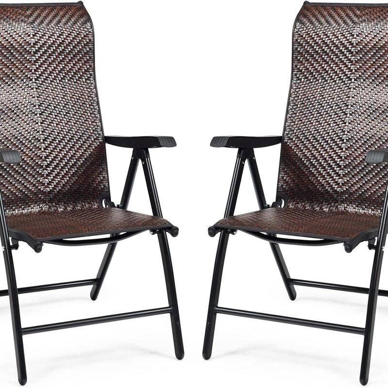 Zestaw 2 Składanych Krzeseł Ogrodowych z 5-Stopniową Regulacją Oparcia, Krzesło z PE Rattanowego z Ergonomicznymi Podłokietnikami