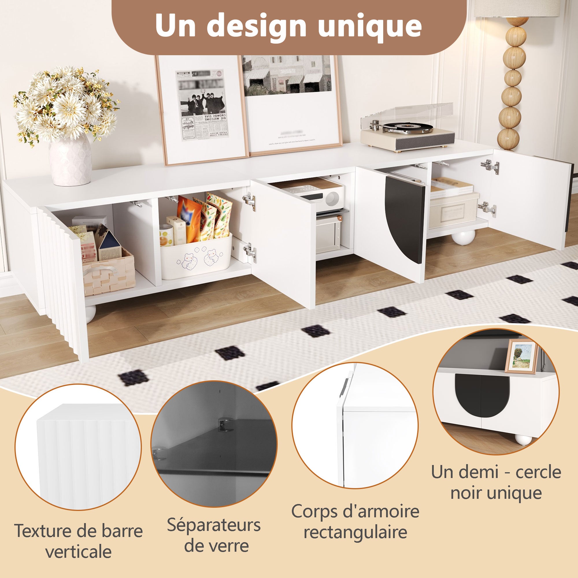 Nowoczesna szafka RTV z 4 drzwiami i 2 półkami - 180 x 40 x 41,5 cm - Płyta wiórowa + MDF - Biała - 9