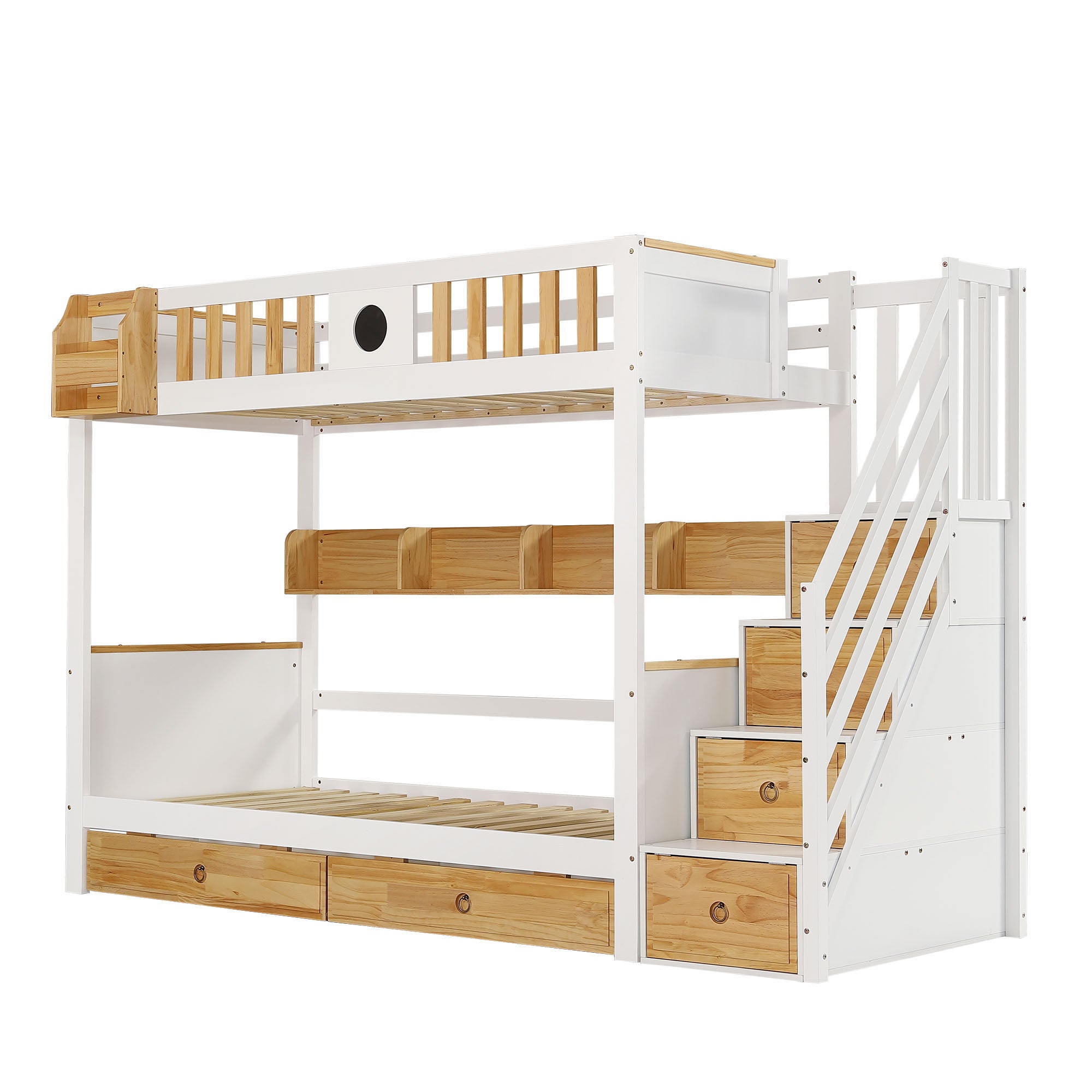 Lit superposé avec escalier de rangement - 90x200cm - 4 casiers dans l'escalier et 2 tiroirs sous le lit - avec sommier lattes - Blanc - 3