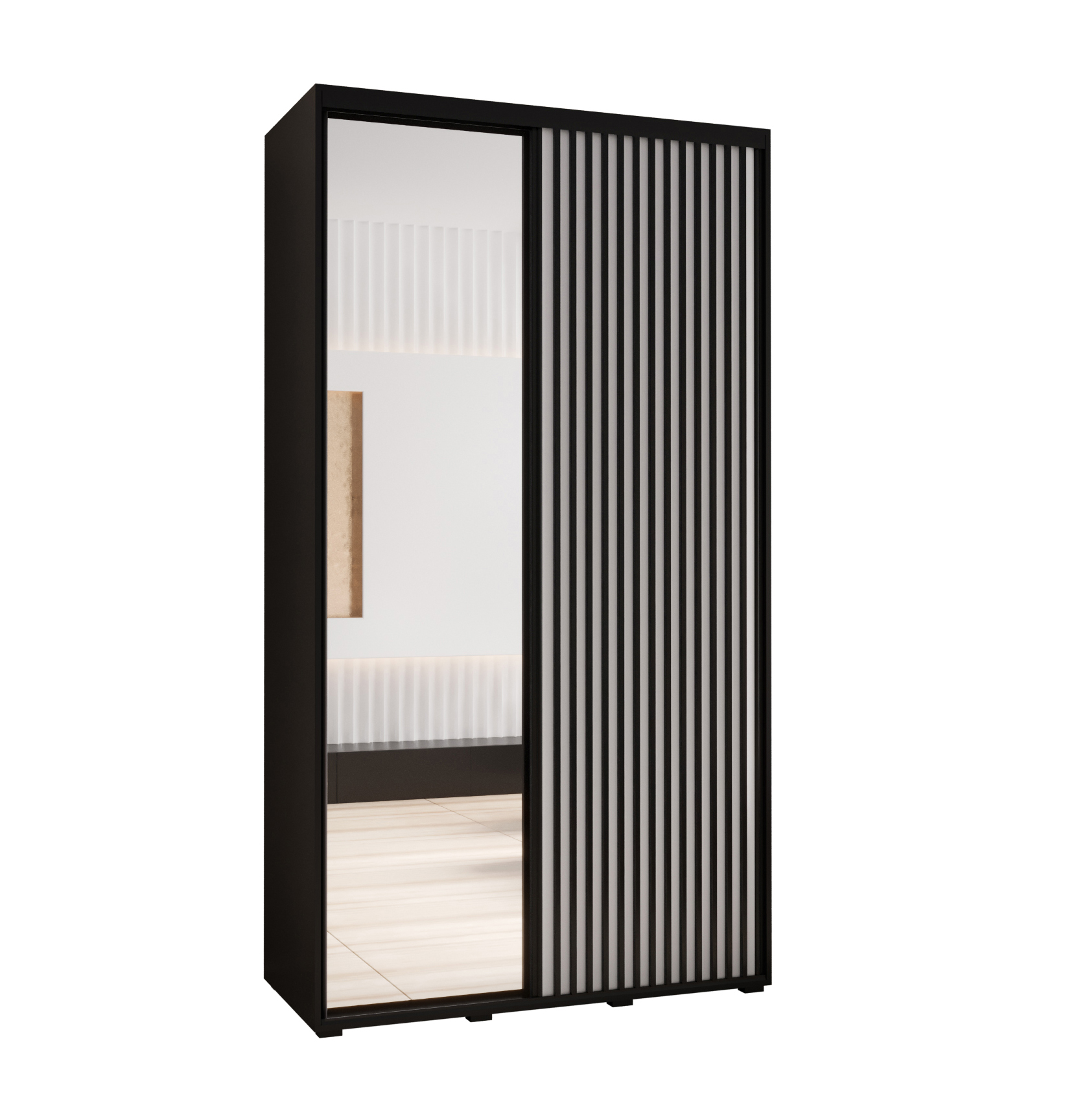 Szafa przesuwna z lustrem wysoka Lanko 2 140 x 45 x 235,2 cm czarny + biały + lamele czarny - Abiks Meble