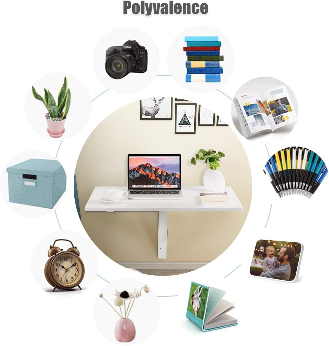 Table Murale Rabattable Pliable en Bois, Support Mural Pliant, Double Pliage, Gain de Place, Charge 20KG, 80 x 60 x 45 CM (Blanc) - 5