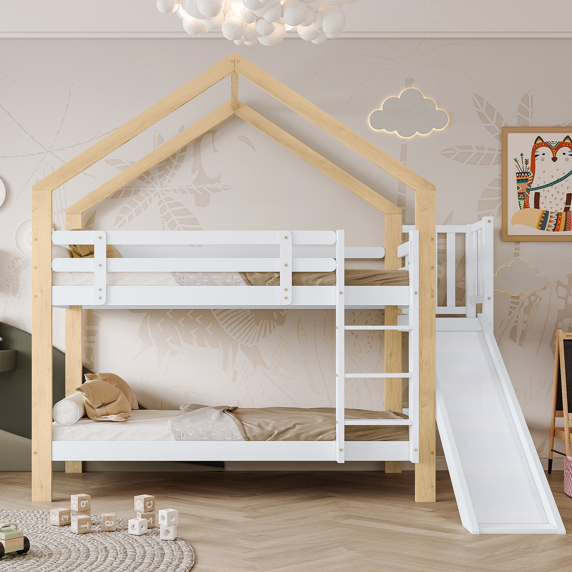 Łóżka piętrowe 2 x 90 x 200 cm z drabinką, zjeżdżalnią i stelażem z listew - lite drewno i płyta MDF - naturalne i białe (materace nie są dołączone)