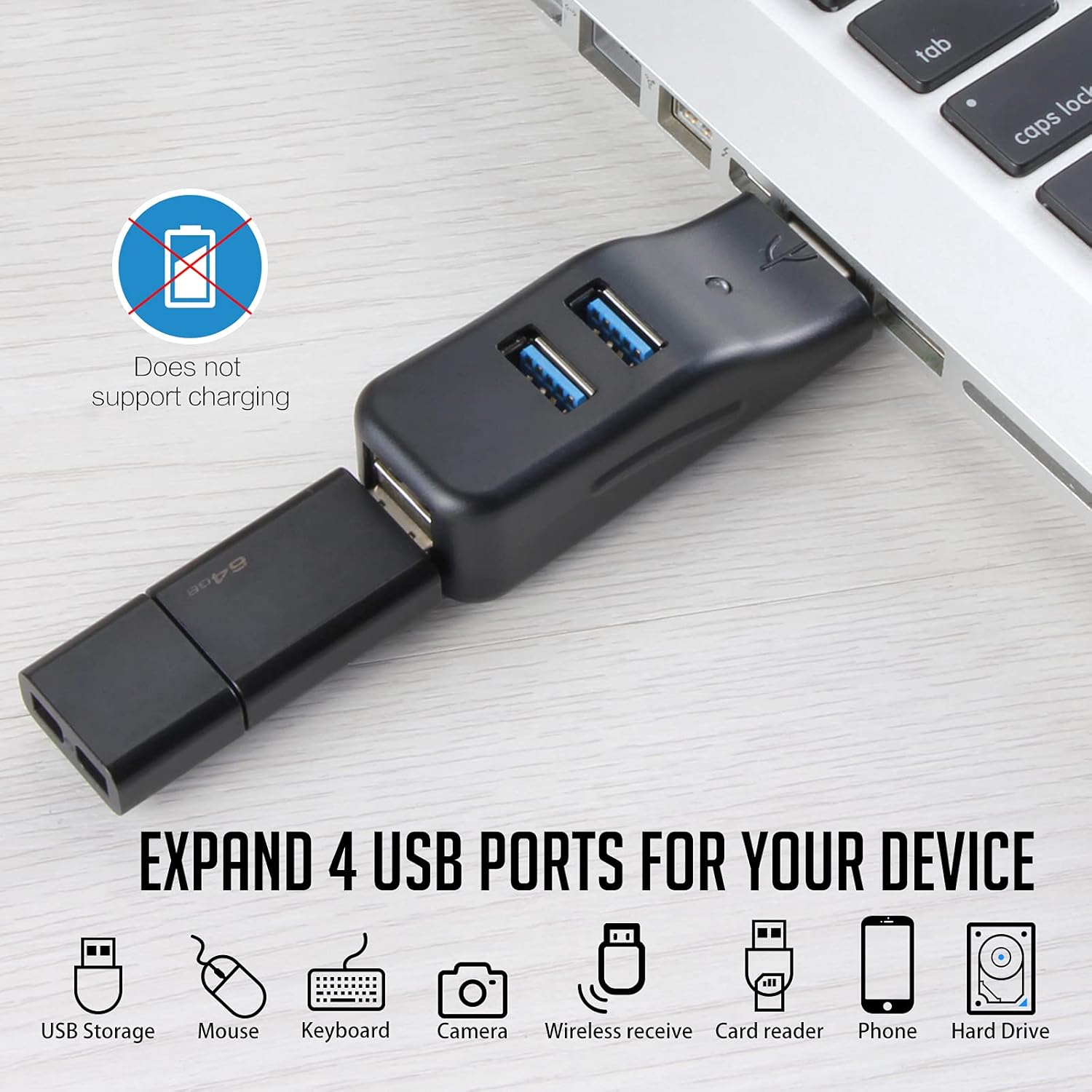 Hub USB 3.0 A 4 Porte Con Cavo Da 30cm - Splitter Portatile Plug And Play Per Laptop, PC, Chiavette, HDD, Stampanti - 2