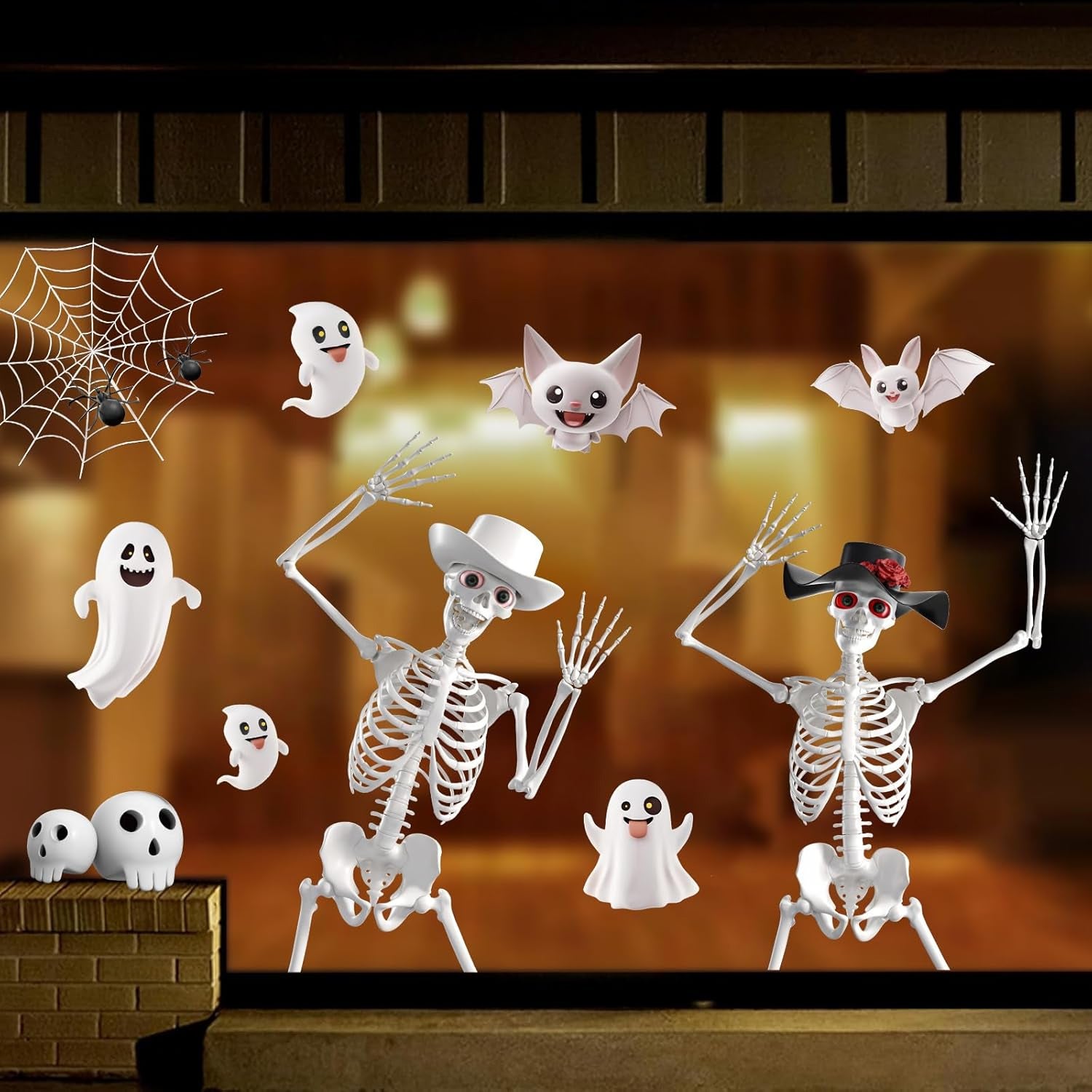 60 Feuilles Stickers Fenêtre Halloween 3D Extra-Larges, Fantômes Chauves-souris et Squelettes, Déco Vitre Maison Magasin Fête Halloween - 3