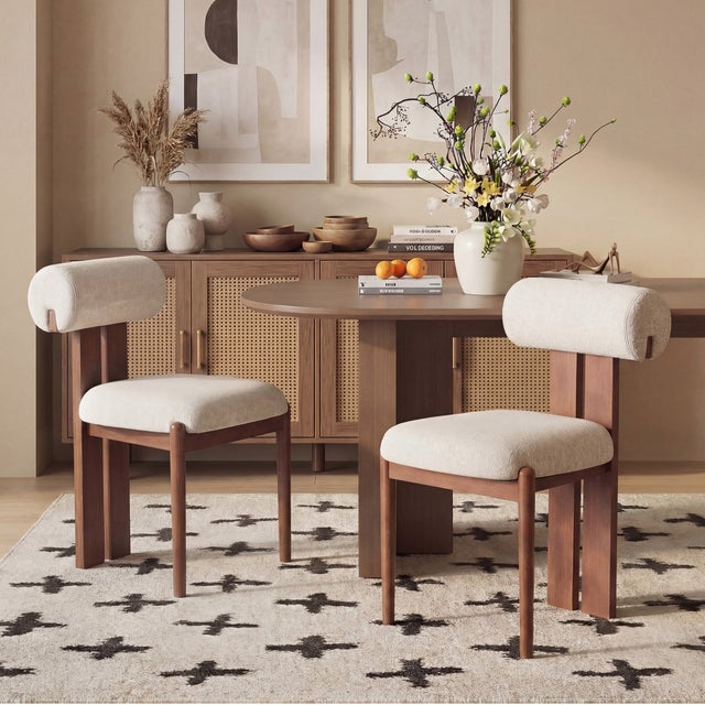 Lot de 2 chaises de salle à manger modernes, dossier cylindrique, cadre en bois, pieds noyer, beige