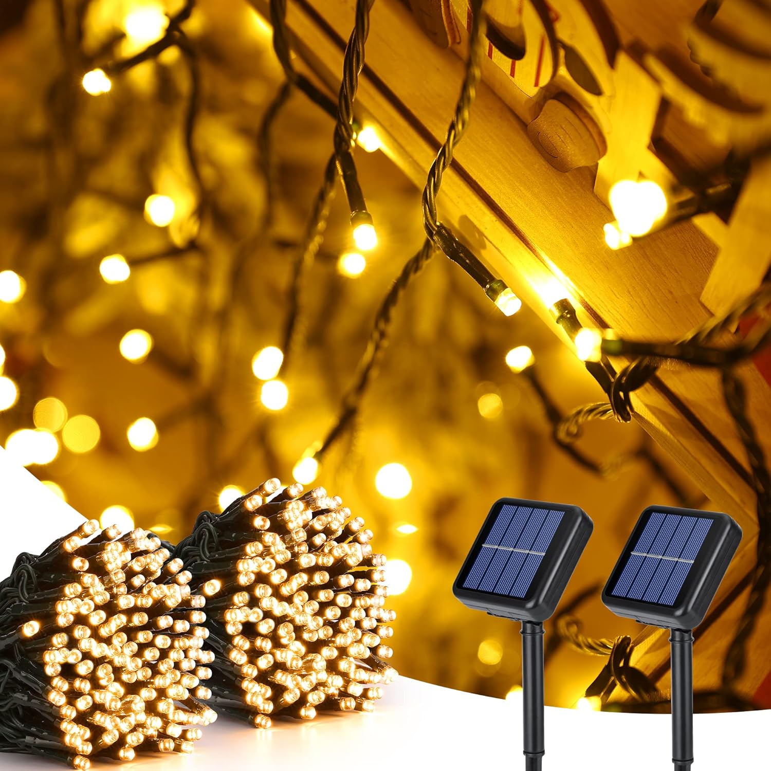 Lampki solarne, 2 łańcuchy, 22 m, 200 diod LED, idealne do ogrodu, na imprezę, jako dekoracja podwórka, ciepłe białe światło