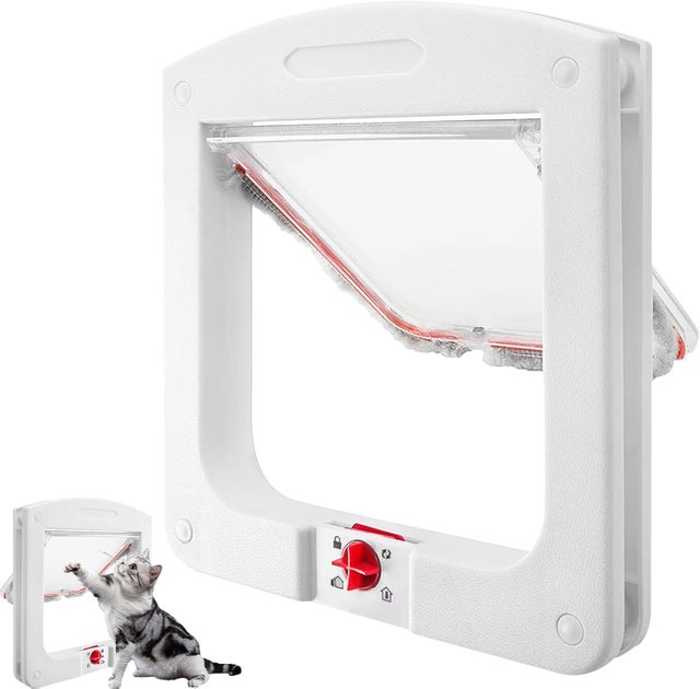 Porta para gatos de 24x20x3 cm com fecho de 4 vias, fácil instalação, porta segura para gatos, uso interior/exterior, branca
