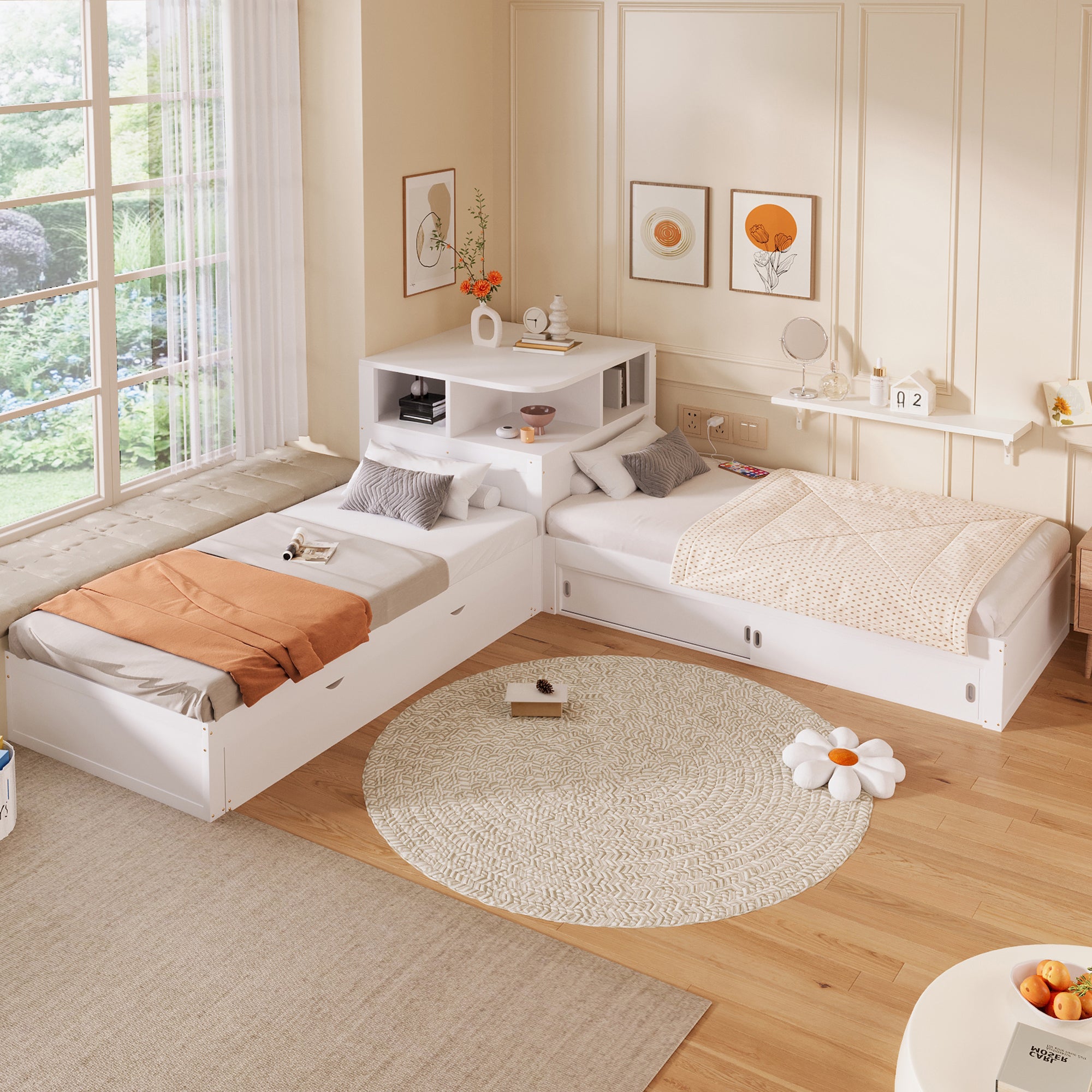 Lit plateforme 2x90x200cm avec lit gigogne 90x190cm, lit enfant avec armoire de rangement. lit double Sommier à lattes, blanc - 2
