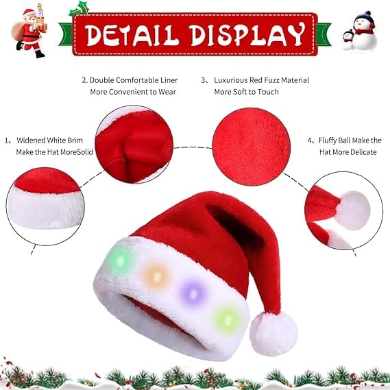 Czapka świąteczna LED pluszowa - 2 sztuki, pluszowa czapka świąteczna - Czapka Mikołaja - Czapka Mikołaja - Czapka Mikołaja LED - 3