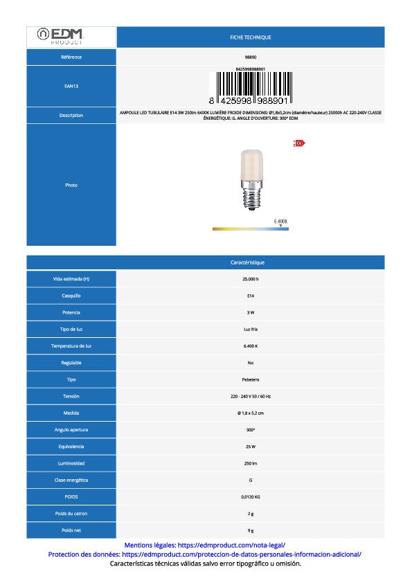 Ampoule LED Tubulaire E14 - 3W - 250lm - 6400K - Lumière Froide - Ø1.8x5.2cm - 6