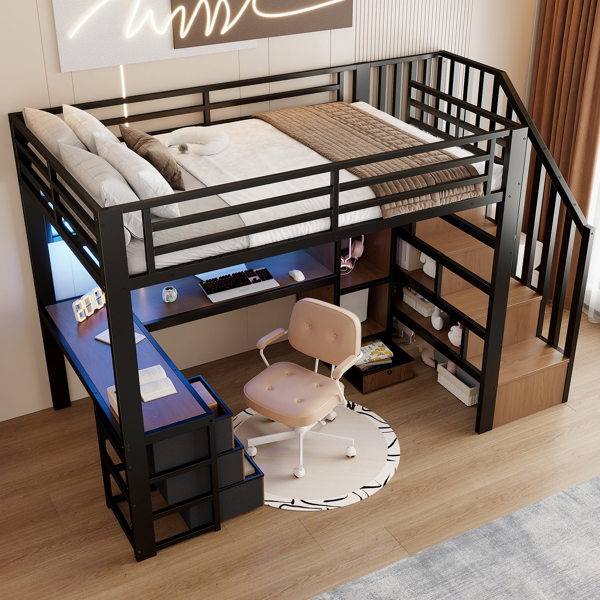 Lit mezzanine 90 x 200 cm avec bureau intégré, Lit simple structure en fer avec penderie LED, 4 tiroirs et escalier de rangement, sans matelas, Noir - 4