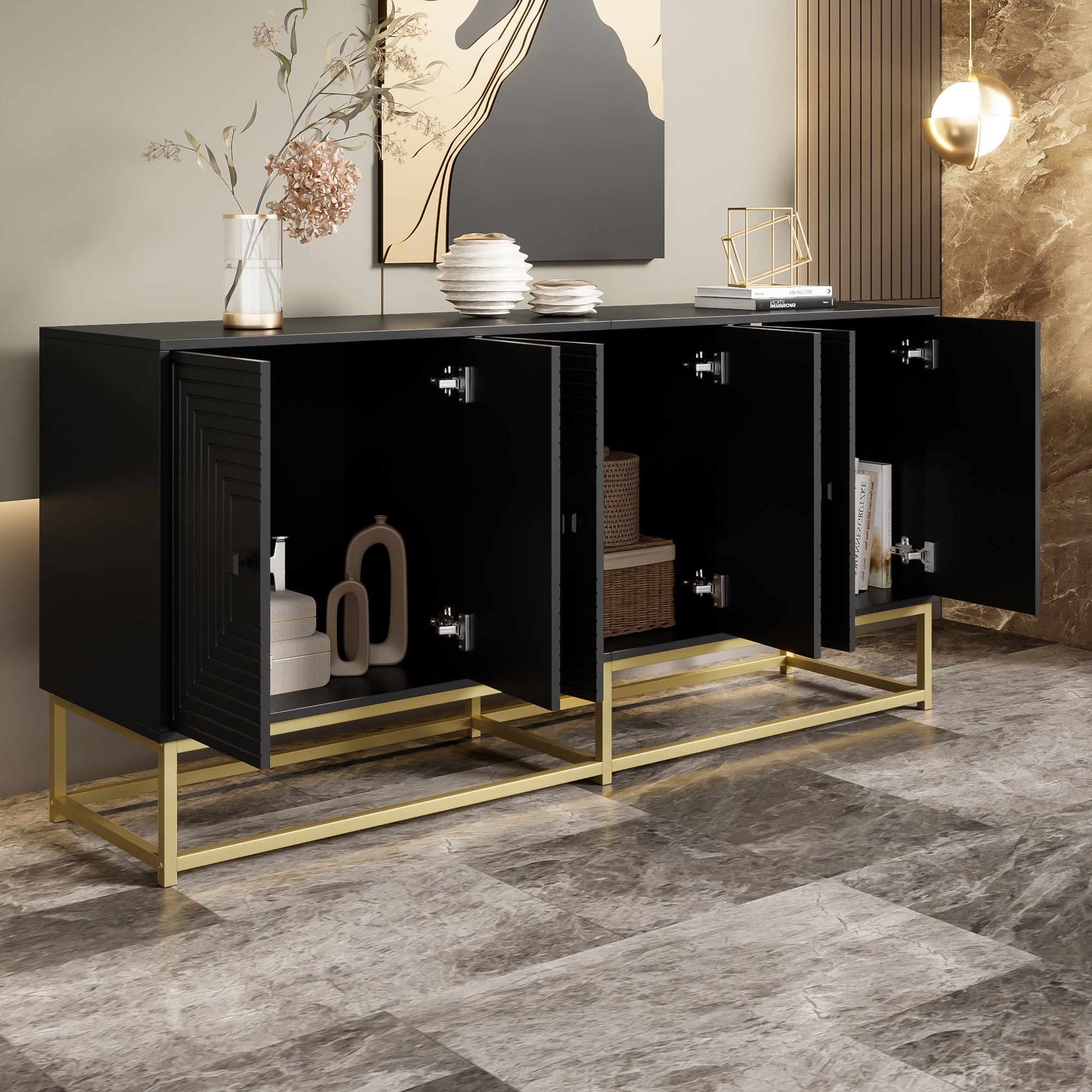 Buffet moderne avec 6 portes - 160 x 38 x 75.5 cm - pour salon, salle à manger - Panneau de particules - Blanc - 4
