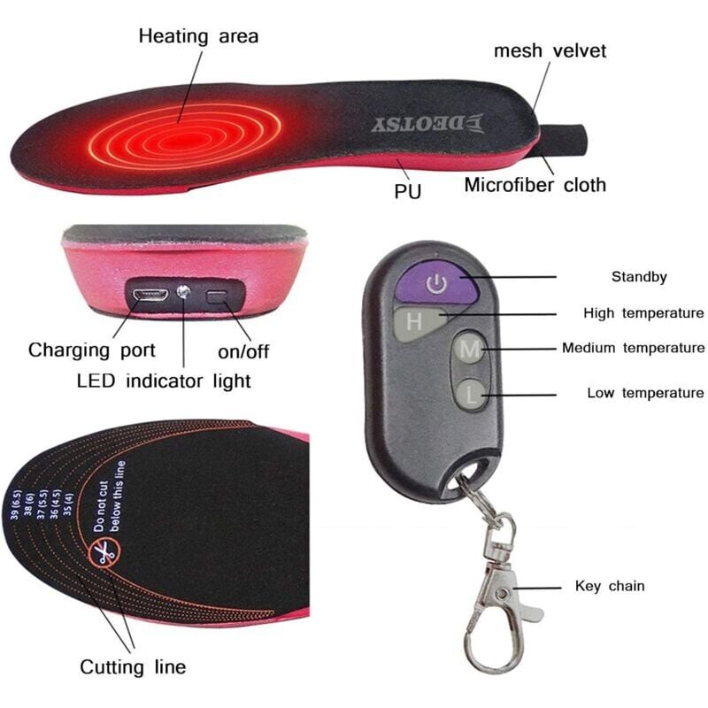 Semelles chauffantes électriques, semelle chauffante rechargeable avec interrupteur à télécommande 3 niveaux de chaleur (taille 35-40) - 4