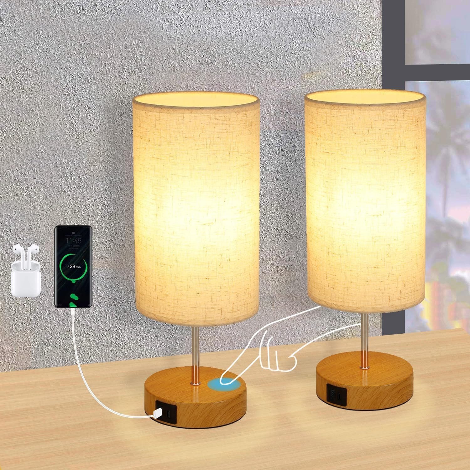 Lampe de Chevet Lot de 2 Tactile, Lampe de Table Intensité Variable, Deco Chambre Imprimer Abat Jour Lampes, Lampes de Bureau Led avec Ports de Charge 2 USB pour Chambre Bureau, Cadeau