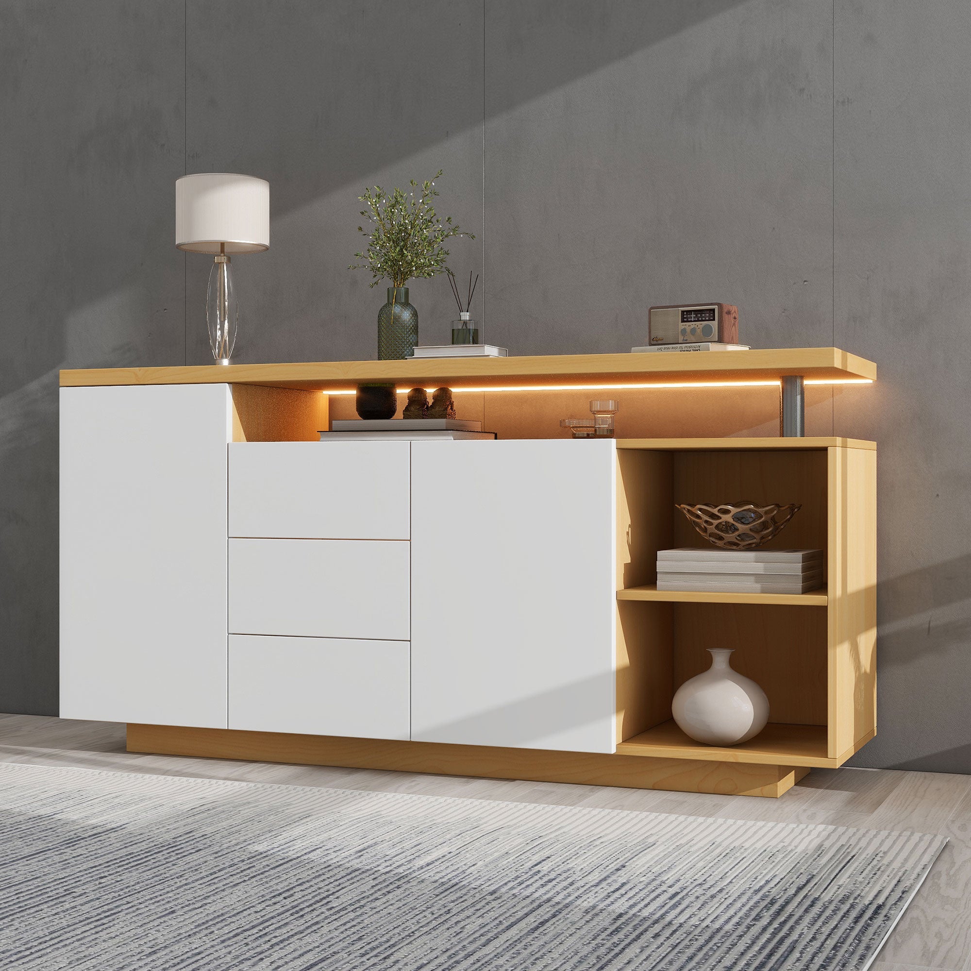 Buffet Moderne Multifonctionnel 140 cm avec Éclairage LED, 2 Portes, 3 Tiroirs, 2 Compartiments Ouverts et Finition Blanc Bois - 6