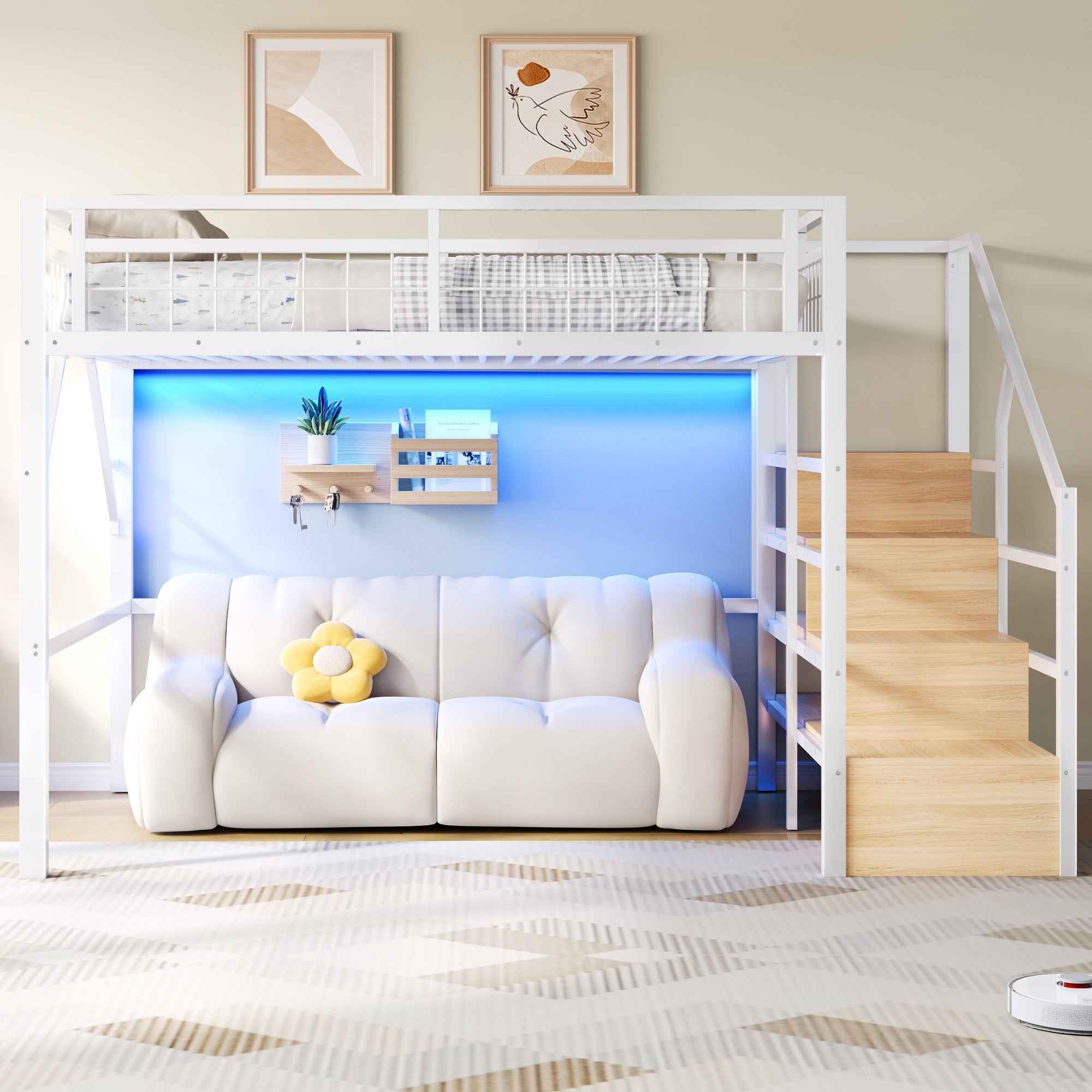 Lit Mezzanine 140x200cm avec LED, Escalier de Rangement, Lit superposé enfant avec Espace Libre Aménageable en Dessous, Cader Métal Blanc,sans Matelas - 2