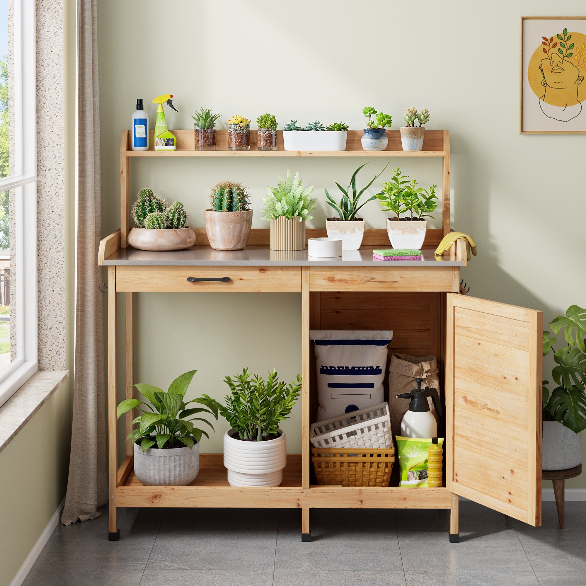 Mesa de jardinagem para vasos, em madeira cinzenta, com espaço de arrumação e bancada em metal. - 6