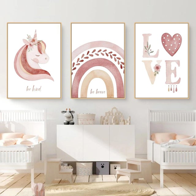 Conjunto de 3 cuadros para habitación infantil - Arcoíris - Unicornio - Nubes - Adorables pósteres de pared - Decoración de pared - Decoración bohemia