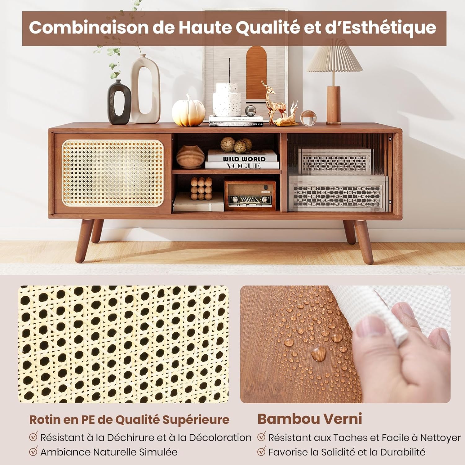 Meuble TV en Bambou avec 4 Compartiments pour TV 55