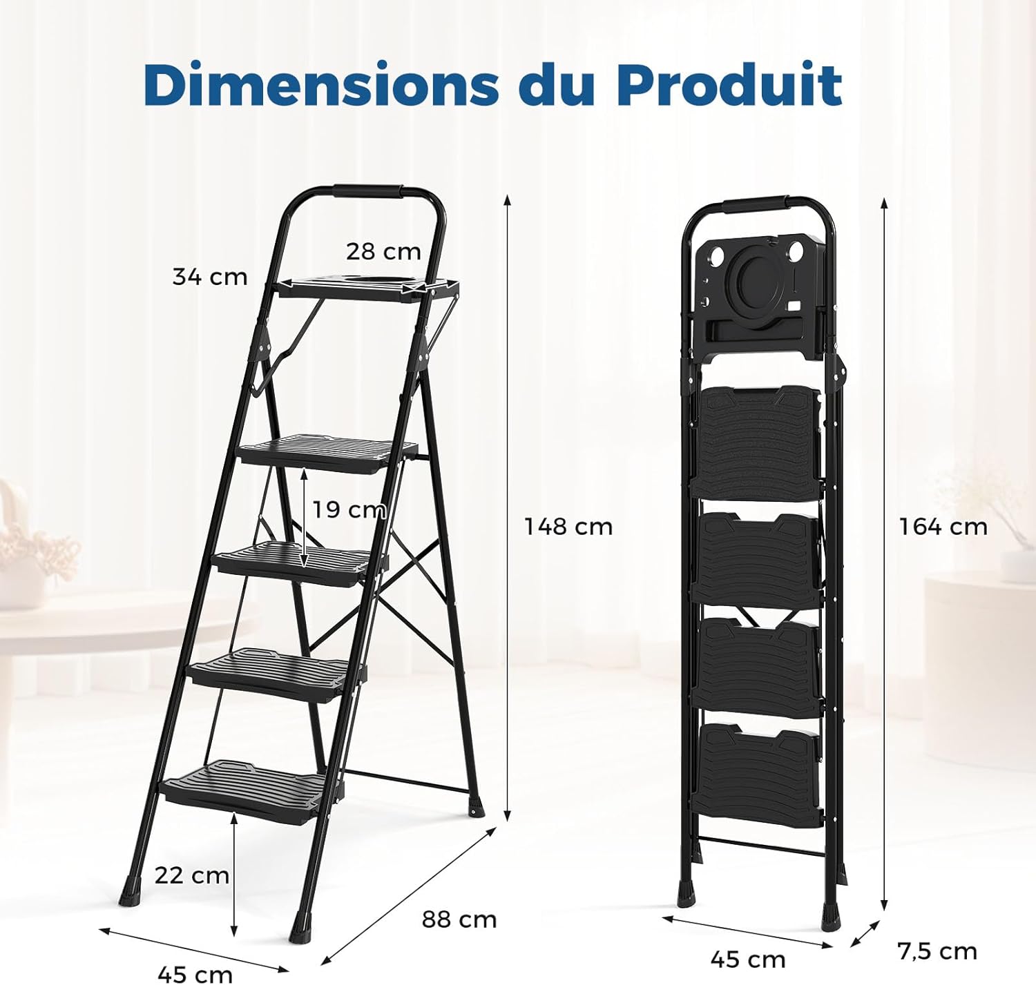 Escabeau Métallique 4 Marches avec Plateau Porte-Outils, Échelle Pliante avec Pédales Larges Antidérapantes Patins, Charge 150KG - 3