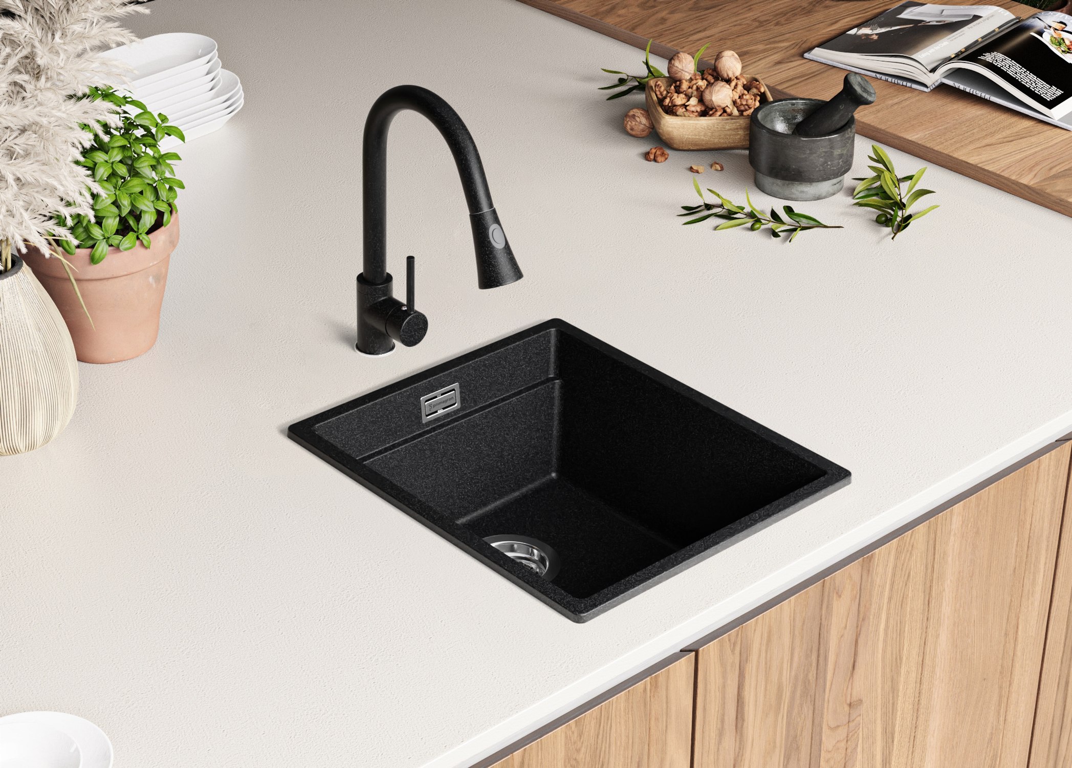 Evier Cuisine en Granit Graphite 41x47cm, Lavabo 1 bac + Kit de Vidage + Accessoire, Évier à Encastrer au meuble 45cm - Prague Slim PRIMAGRAN - 3