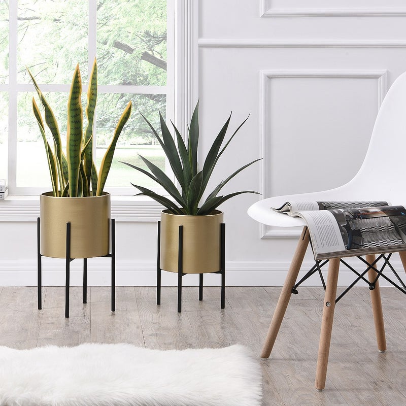 Zestaw 2 osłonek na doniczki na nóżkach z metalu – 25 × 39 cm (śr. × wys.) i 23 × 35,5 cm (śr. × wys.) – kolor złoty i czarny – EDMEE