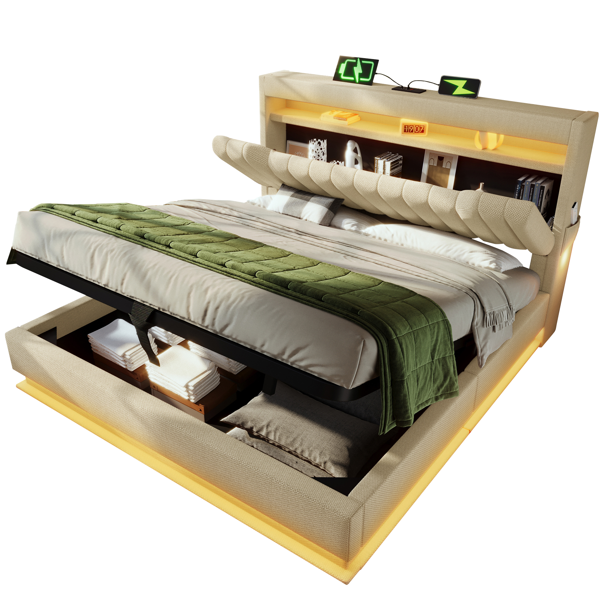 Cama con almacenamiento adulto 140x200 cm, cama doble con USB, Type-C, LED y almacenamiento, en lino, beige - 2
