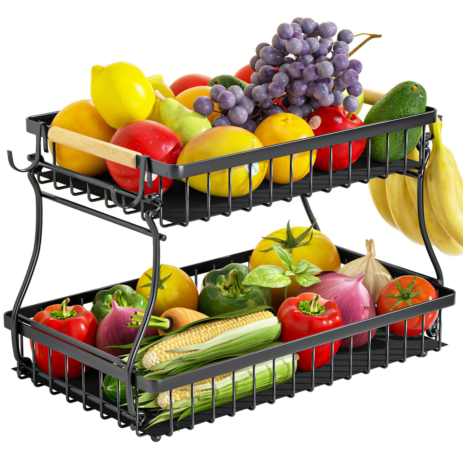 Corbeille à Fruits 2 étages En Bois Amovible – Design Aéré, Dimensions 32x24,5x27,5cm, Pour Cuisine, Salle De Bain, Rangement